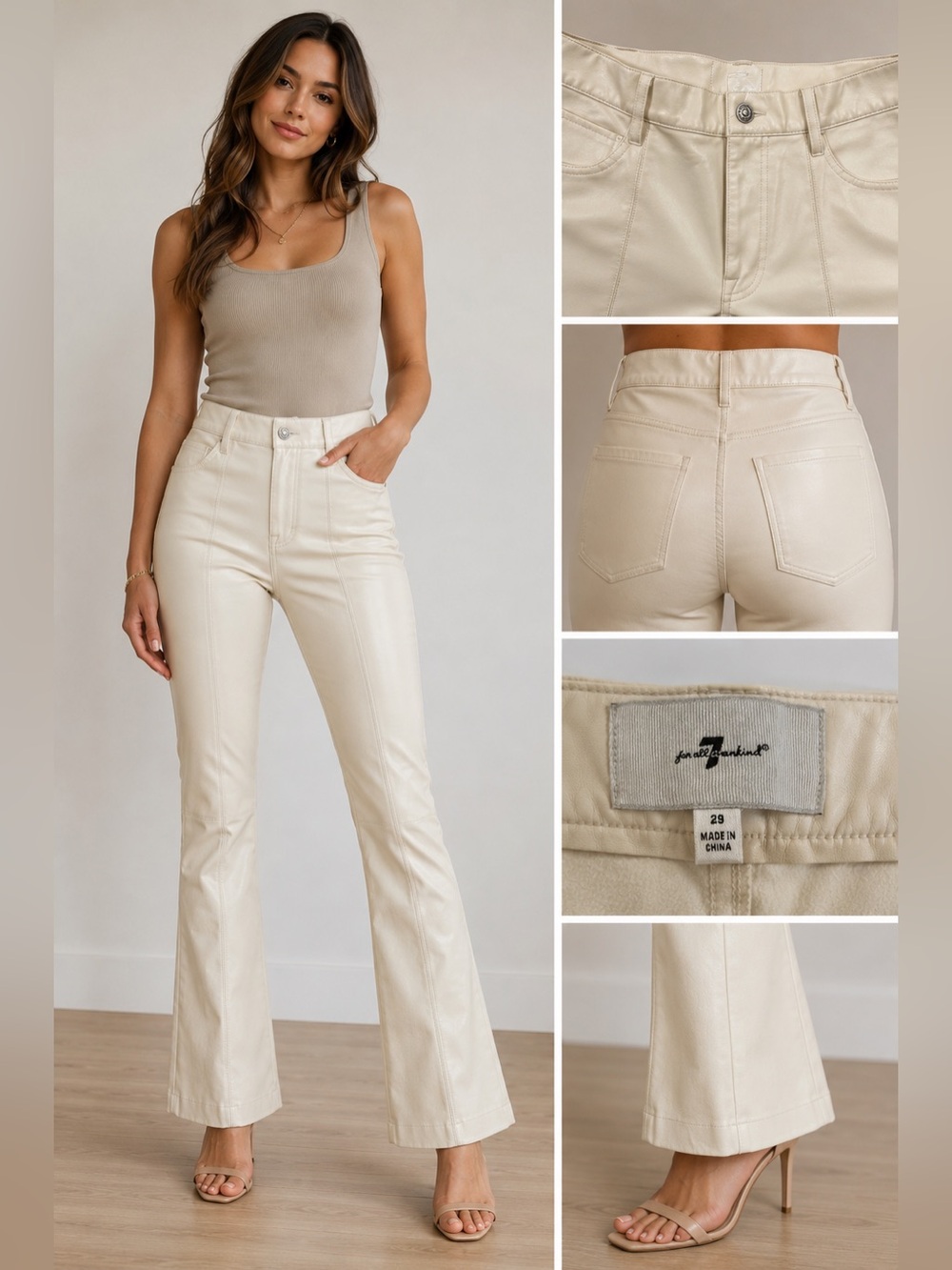 7 For All Mankind Ivory Faux Leather Bootcut Pants Women’s Size 29 High Rise